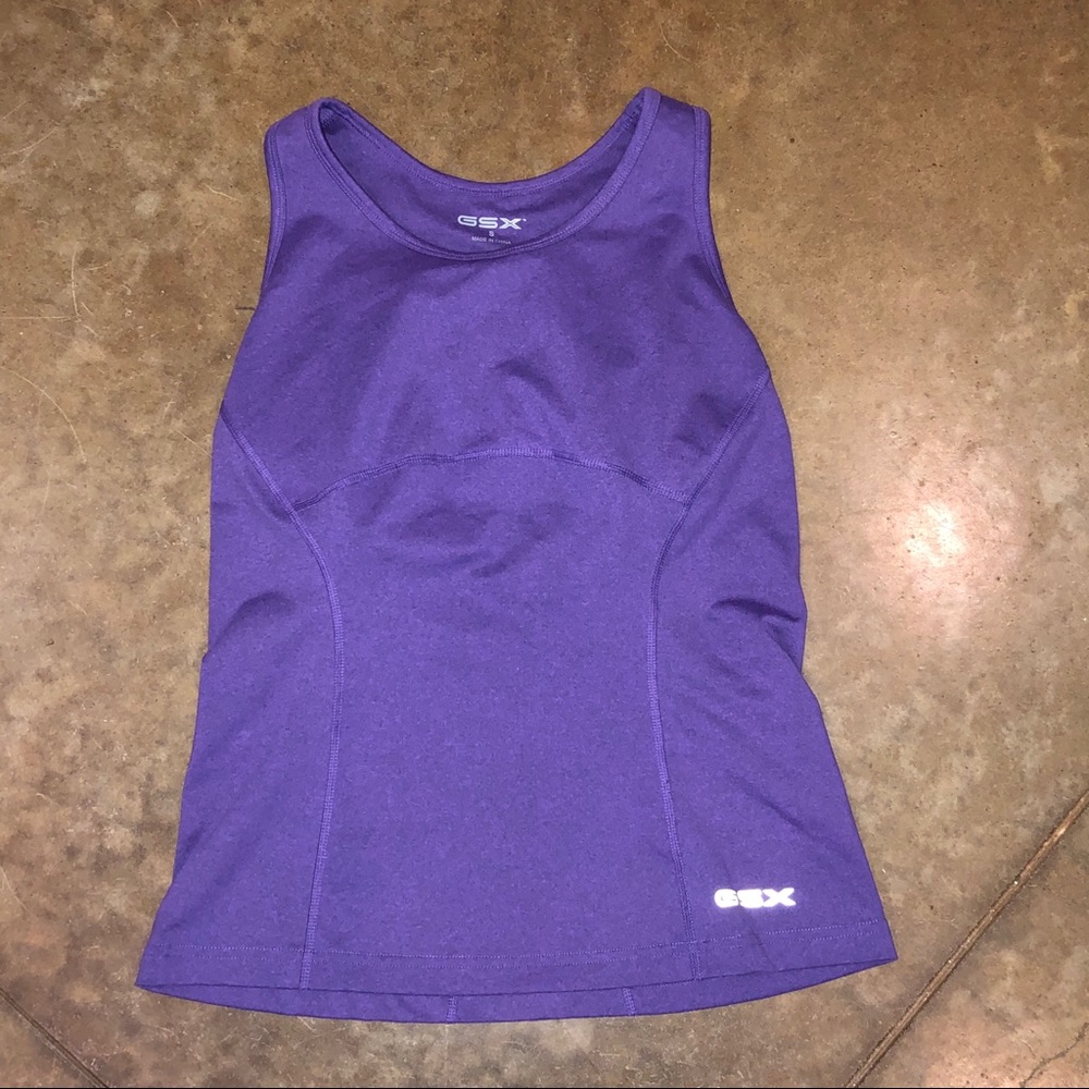 GSX Purple athletic racerback top, built in bra.